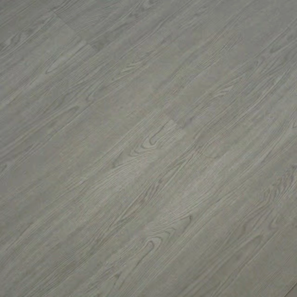 Angled view of gray wood-patterned floor tiles.