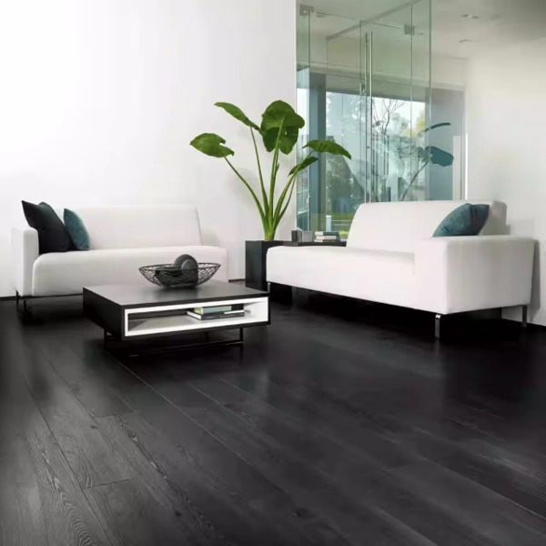 Dark SPC flooring with rich wood grain texture.