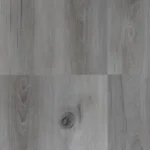 Gray SPC flooring with visible wood knots and grain.