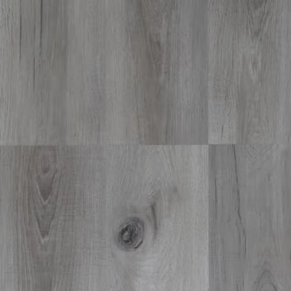 Gray SPC flooring with visible wood knots and grain.