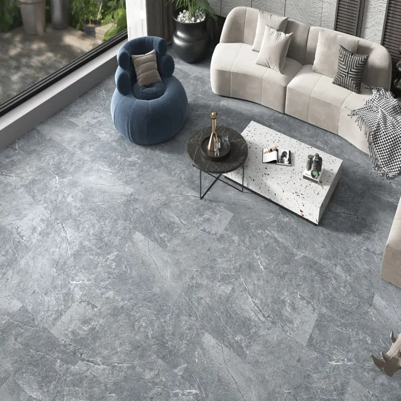 Gray stone-textured SPC tile flooring