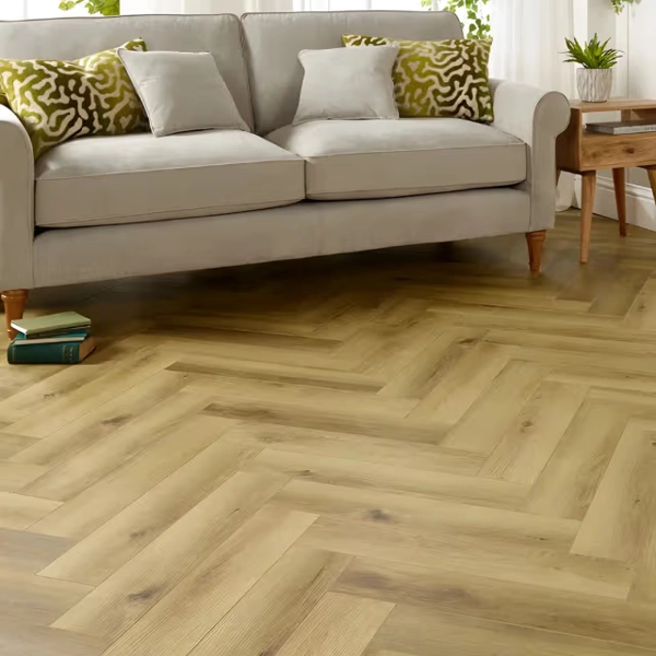 Herringbone wood floor in a modern living room