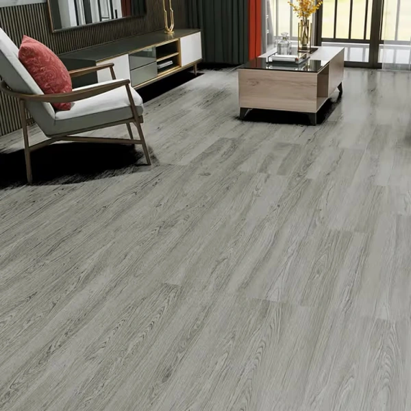 Living room with gray wood-plank flooring