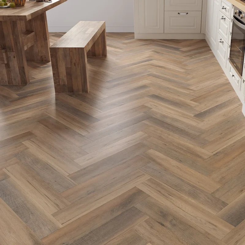 Medium brown SPC flooring in herringbone style