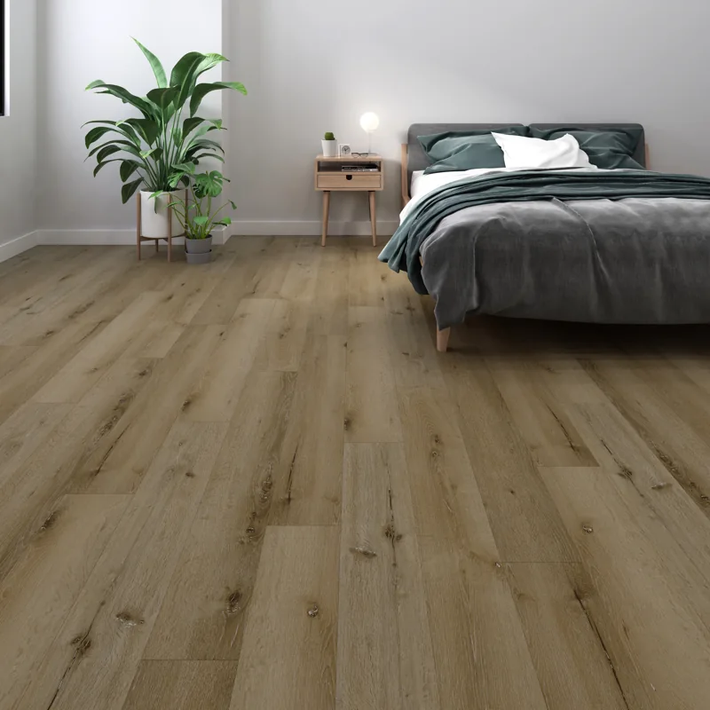 Modern SPC flooring in minimalist bedroom with plants