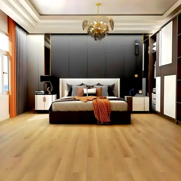 Modern bedroom with dark accent wall and wood floor