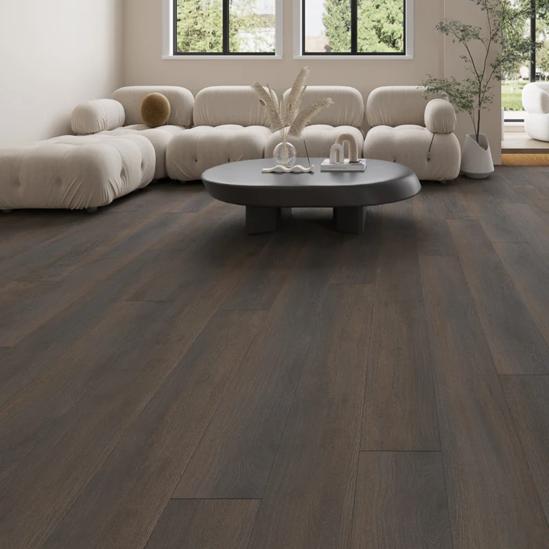 SPC flooring with dark wood grain finish