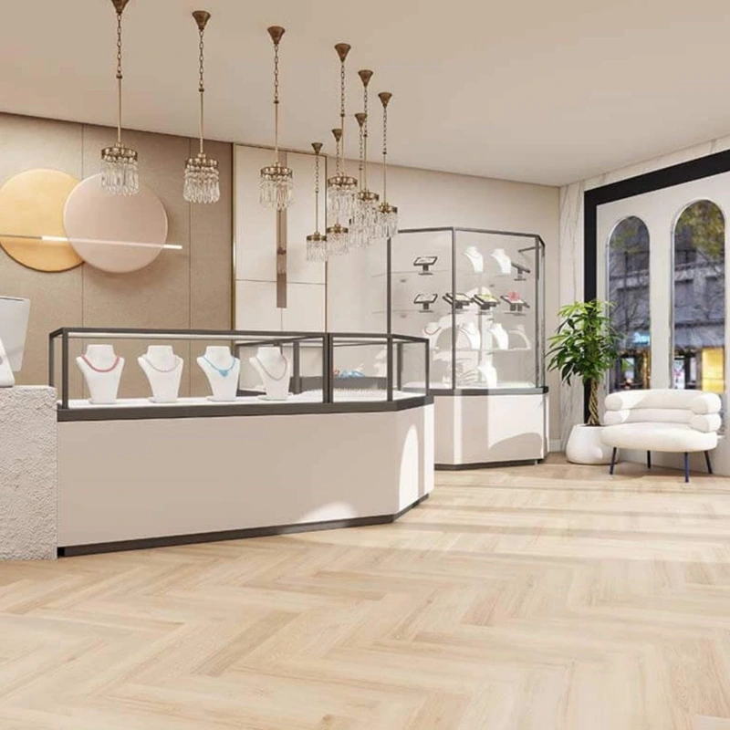 Light wood SPC flooring in herringbone pattern