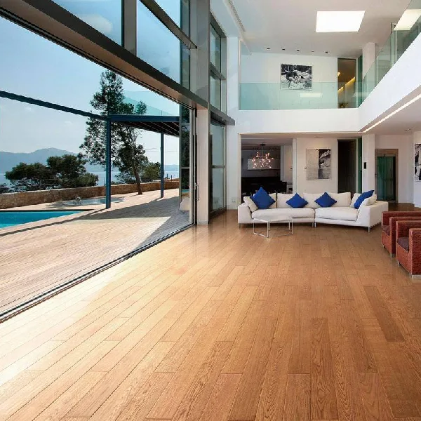 Outdoor-rated SPC flooring with weather-resistant wood-look surface.