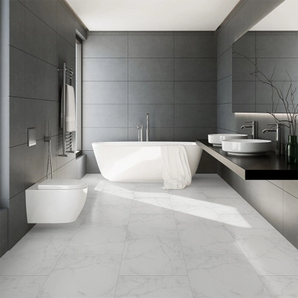 Tile format SPC flooring with marble-look surface.