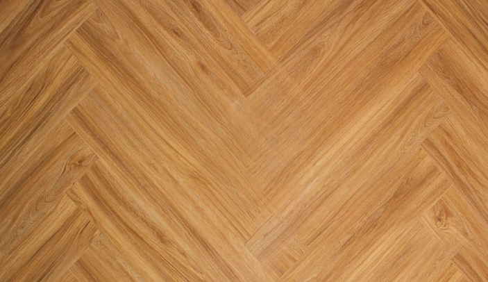 Warm herringbone SPC flooring with natural wood grain