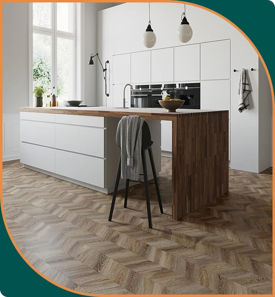 Modern White Kitchen With Herringbone SPC Wood Flooring